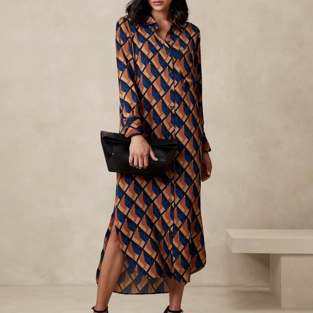Banana Republic Factory Blue and Brown Geometric Long Sleeve Dress